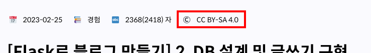 날짜, 카테고리, 글자 수 옆에 CC BY SA 4.0라고 적힌 모습